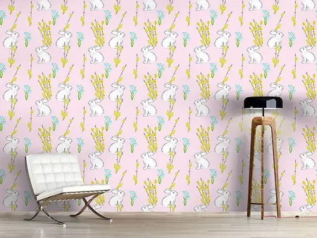 Wall Mural Pattern Wallpaper Easter Bunny And Flowering Willow