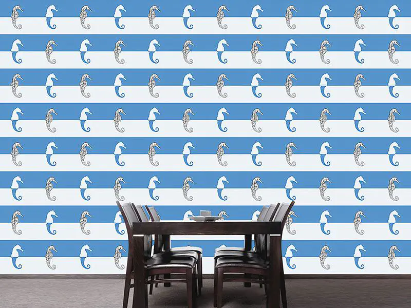 Wall Mural Pattern Wallpaper Seahorses On Blue Stripes