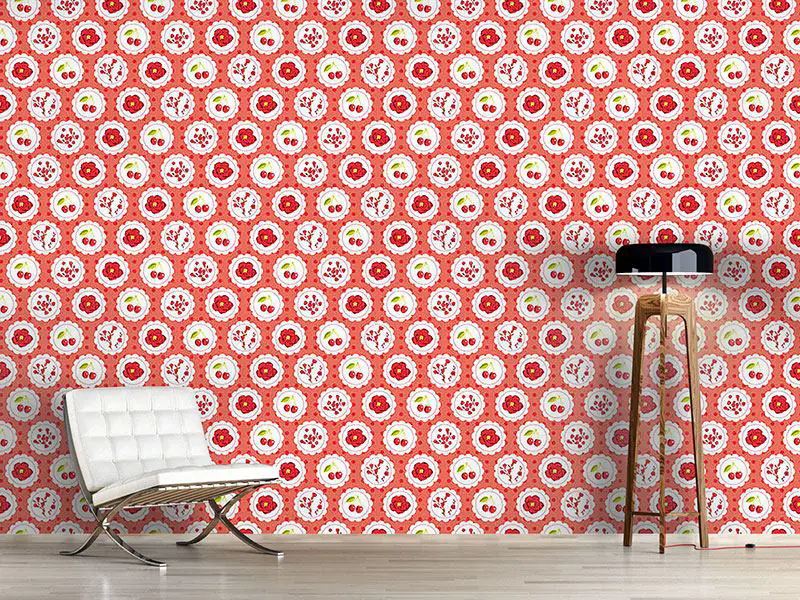 Wall Mural Pattern Wallpaper Grannys Cherry Garden Red