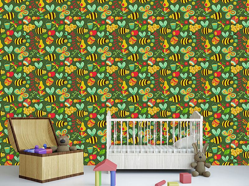 Wall Mural Pattern Wallpaper Busy Honey Bees In The Woods