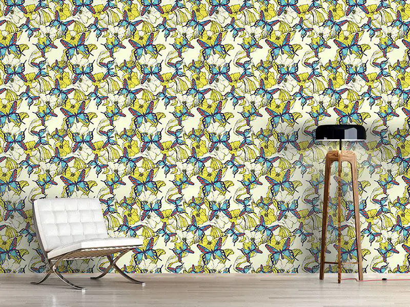 Wall Mural Pattern Wallpaper Ocean Of Flowers And Butterflies