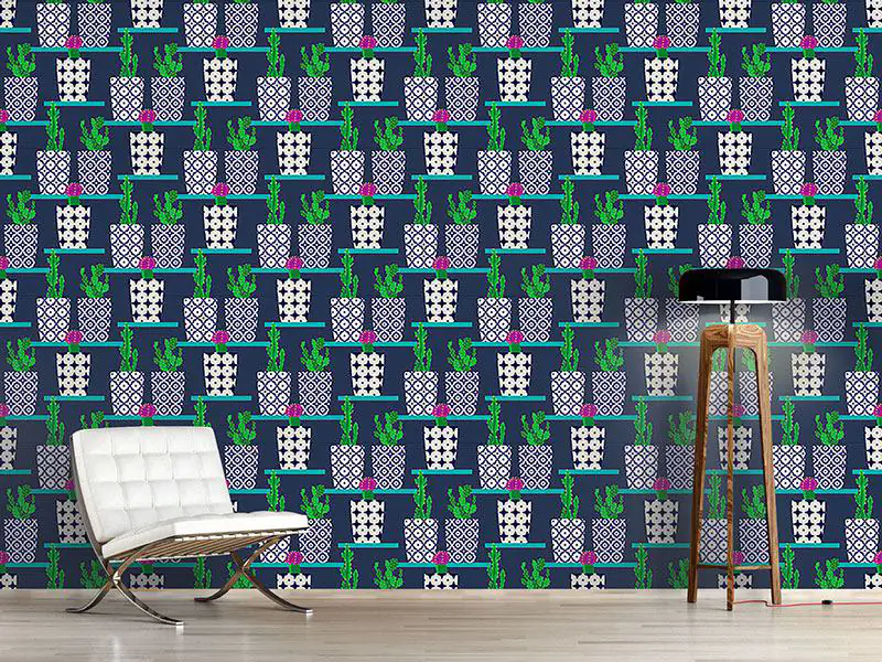 Wall Mural Pattern Wallpaper Cacti On Shelves