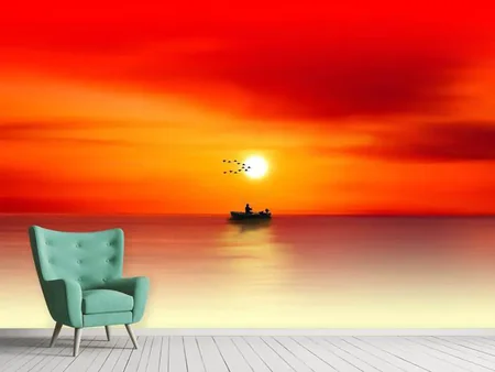 Papier peint photo Un pêcheur au coucher du soleil
