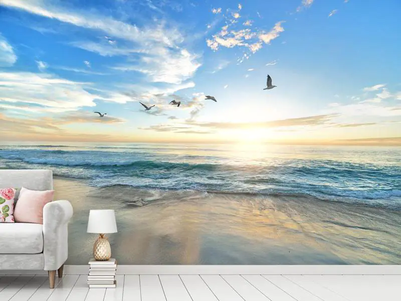 Wall Mural Photo Wallpaper The seagulls and the sea at sunrise