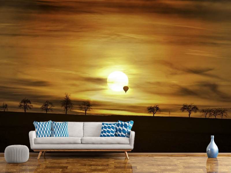 Papier peint photo Coucher de soleil avec montgolfière