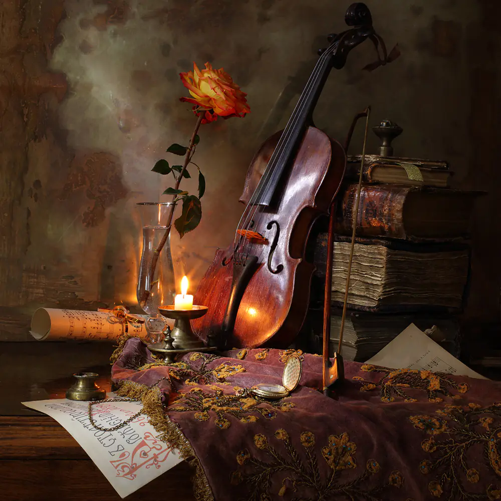 Fotobehang Still Life With Violin And Rose